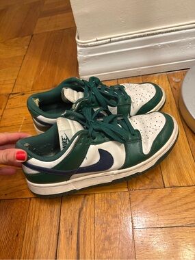 Nike White and Green Low-Top Sneakers with Navy Swoosh